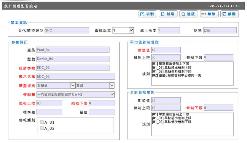 依據工廠需求設定 SPC 監看標準